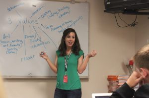 English teacher Mrs. Kerr explains a chart for her freshmen.